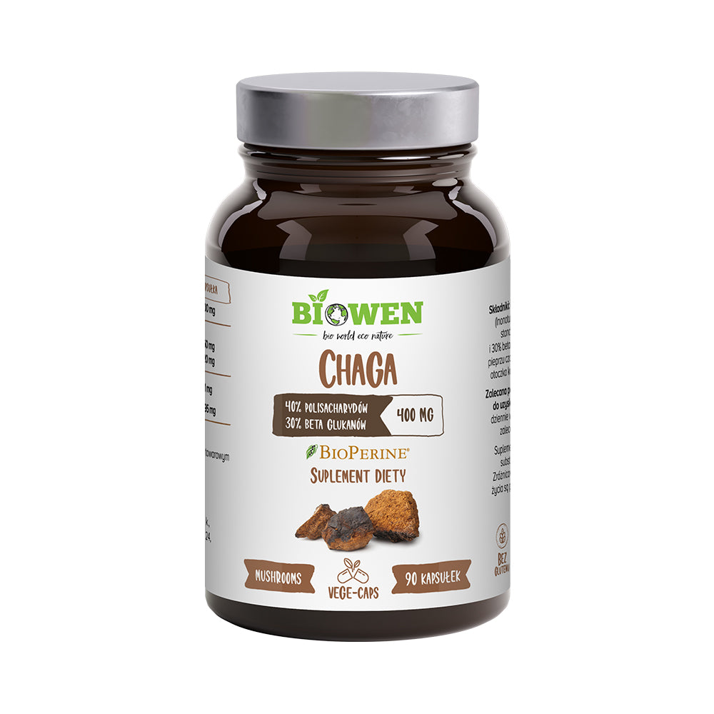 Ekstrakt z grzybów Chaga (Błyskoporek podkorowy) kapsułki | 400 mg | 40% polisacharydów | 30% beta-glukanów |