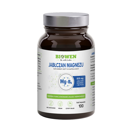 Jabłczan magnezu 835 mg z witaminą B6 (P-5-P) Biowen – 100 kapsułek