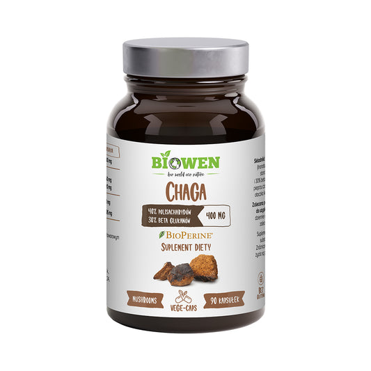 Ekstrakt z grzybów Chaga (Błyskoporek podkorowy) kapsułki | 400 mg | 40% polisacharydów | 30% beta-glukanów |